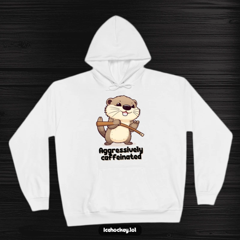 Funny hoodie with a happy, fluffy otter aggressively checking an opponent with a hockey stick, offering cozy humor and tough style.
