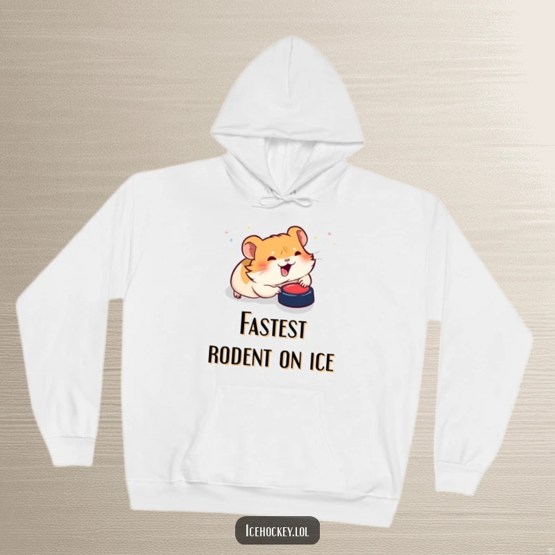 Funny hoodie: A joyful, giggling hamster performs a belly slide towards a hockey puck, embodying pure, unadulterated fun.