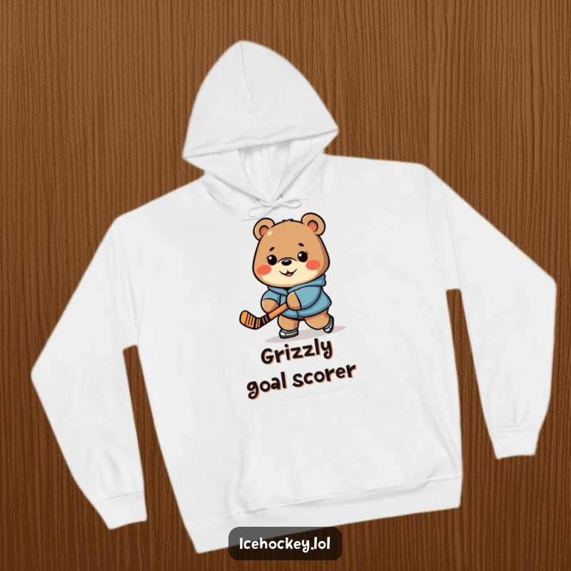 Funny, cozy hoodie featuring a cheerful bear with a determined expression, stick-handling a hockey puck with skill.
