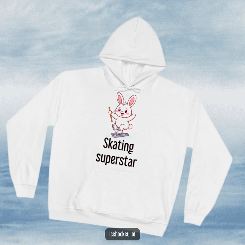 Funny bunny ice skater hoodie, cheerful bunny gliding on skates, stick held high, cozy and fun, perfect funny gift.