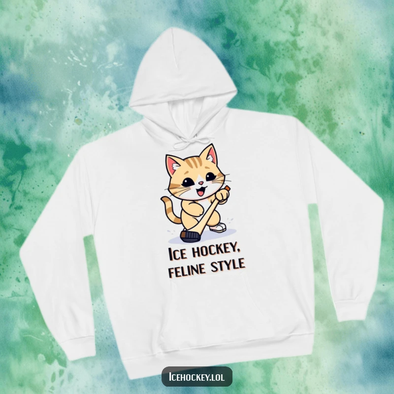 Funny Hoodie: A proud cat vigorously attempts a slap shot with a hockey puck, offering warm comfort and humorous style.