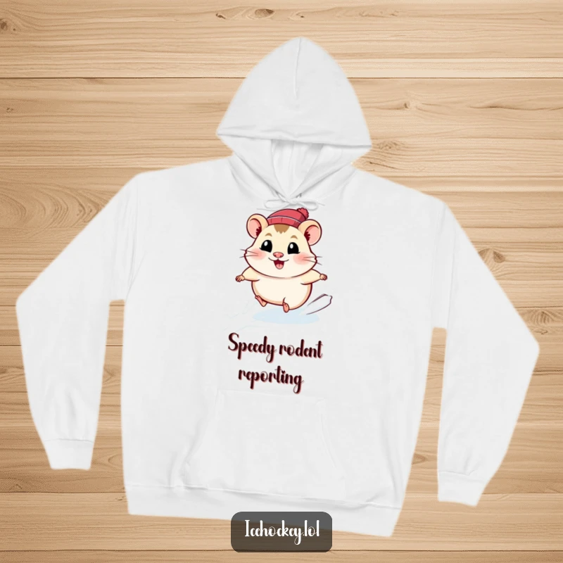 Funny hamster hoodie with a smiling, fast-moving hamster gliding across ice, capturing a moment of pure, speedy joy.