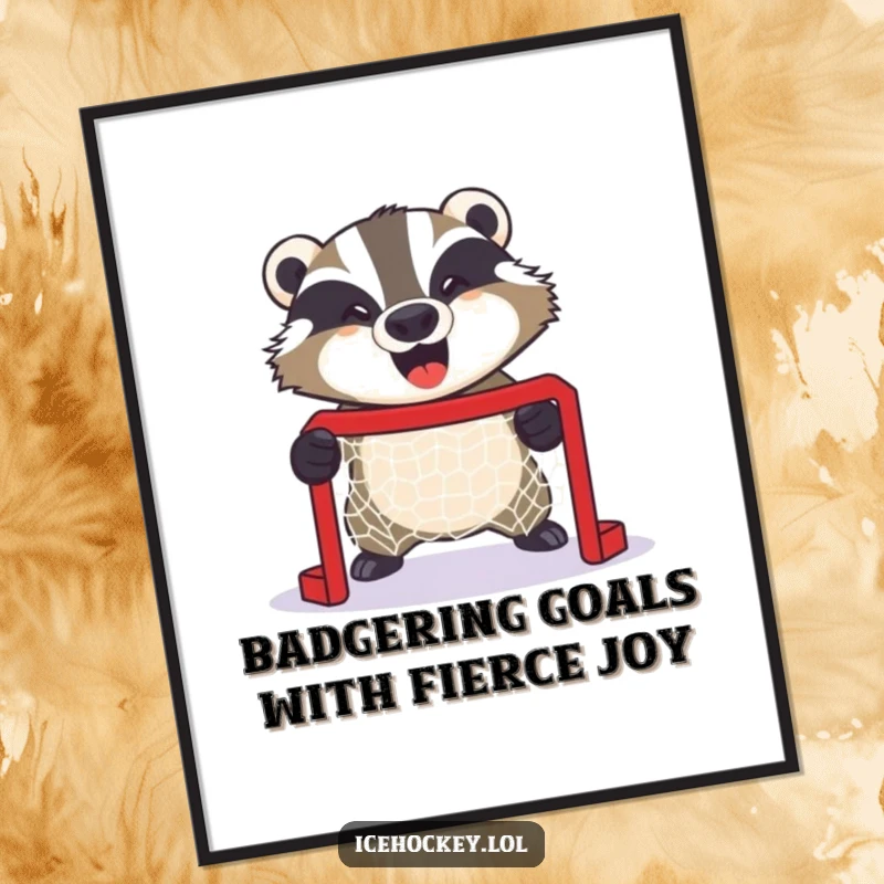 Funny Free Printable Wall Art: A giggling badger fiercely protects a miniature hockey net with a mischievous grin.