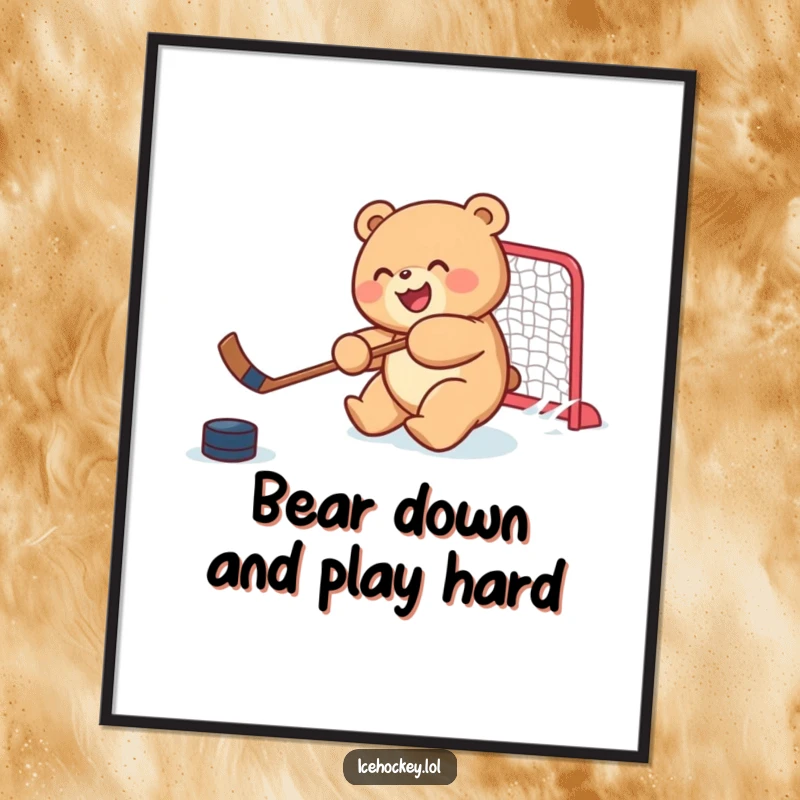 Funny Free Printable Wall Art: a round bear cub joyfully shooting a hockey puck towards a net, sports theme.