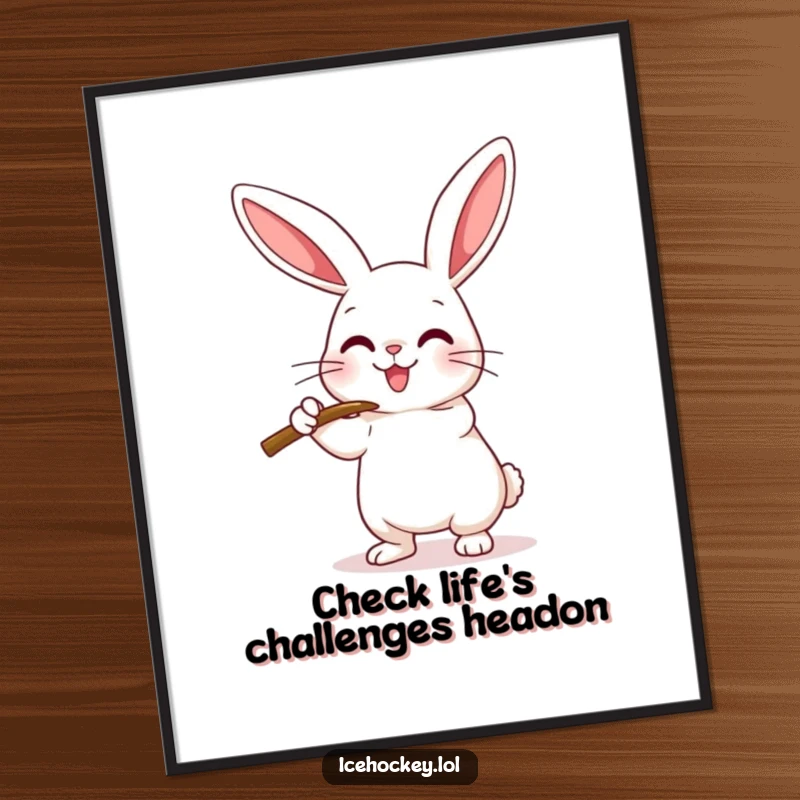 Funny Free Printable Wall Art: Happy rabbit in a hockey stance, stick extended to check an imaginary opponent.