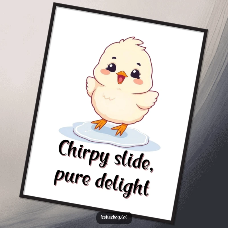 Funny Free Printable Wall Art: A fluffy chick slides on ice with pure glee, bringing happiness to your walls.