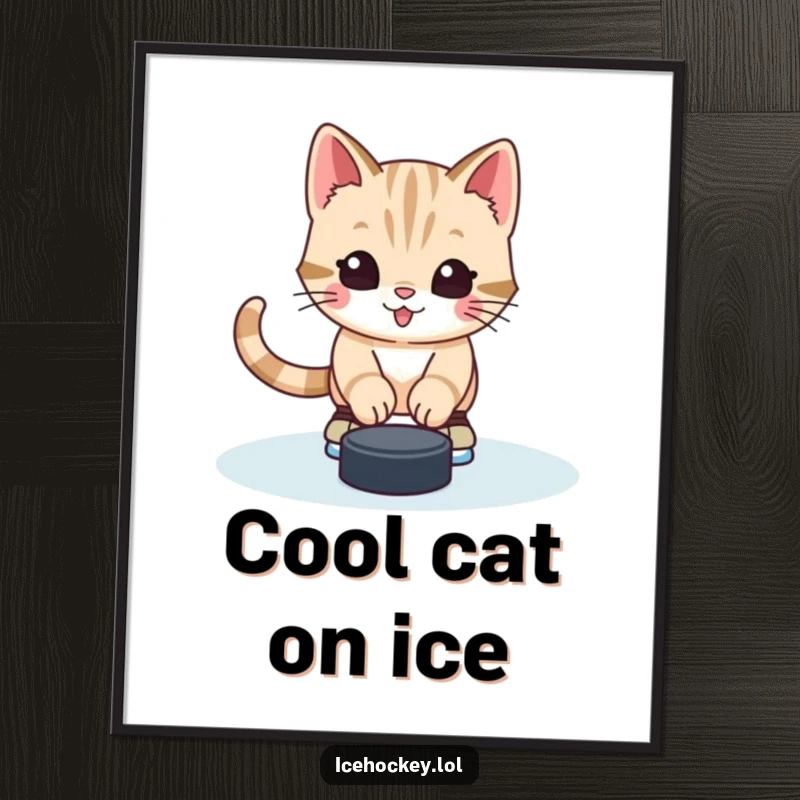 Funny Free Printable Wall Art: Cute alert kitten goalie stopping a hockey puck with skates, looking fierce and adorable.