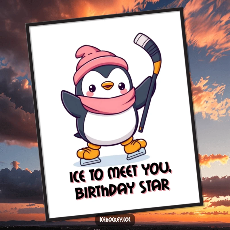 Funny Free Printable Wall Art: A cheerful penguin dressed in hockey gear skates joyfully with a stick raised.