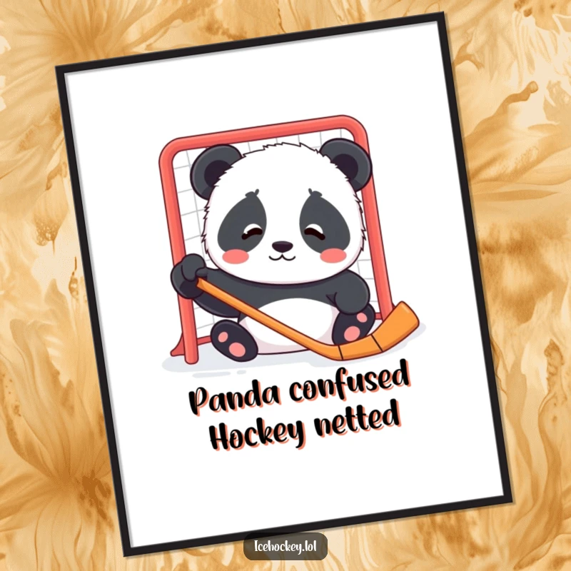 Funny free printable wall art: a contented panda cub looking hilariously confused by a standard hockey net, questioning its purpose.