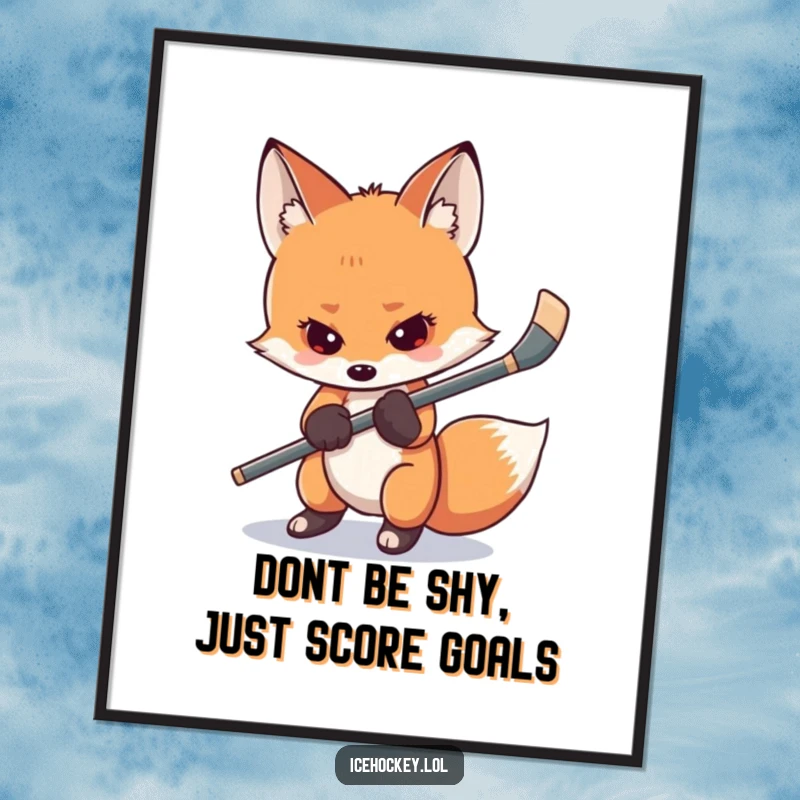 Funny Free Printable Wall Art: A shy fox nervously gripping a hockey stick, ready for adventure, cute decor.