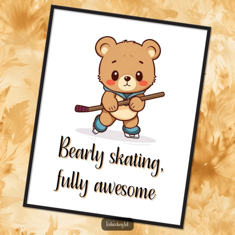 Funny Free Printable Wall Art: Curious bear cub awkwardly trying to skate with a comically oversized hockey stick.