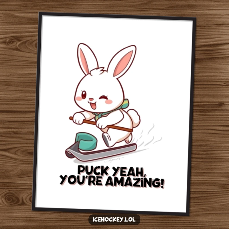 Funny Free Printable Wall Art: Determined hockey bunny smiling, gliding rapidly with a puck, a humorous sports decoration.