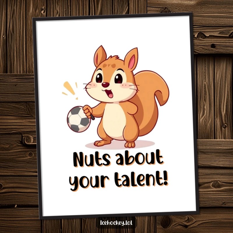 Funny Free Printable Wall Art: Playfully surprised squirrel goalie misses the hockey goal with a shot, a humorous sports piece.