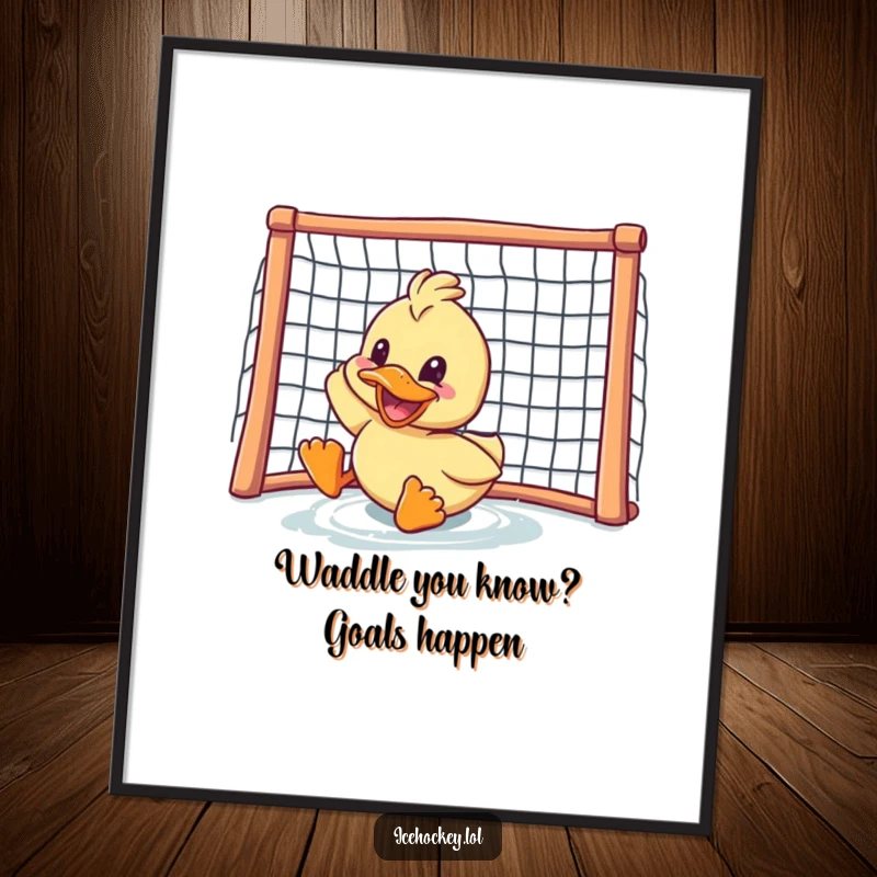 Funny Free Printable Wall Art: A delighted duck grins widely while sliding towards a goal, capturing a moment of pure joy.