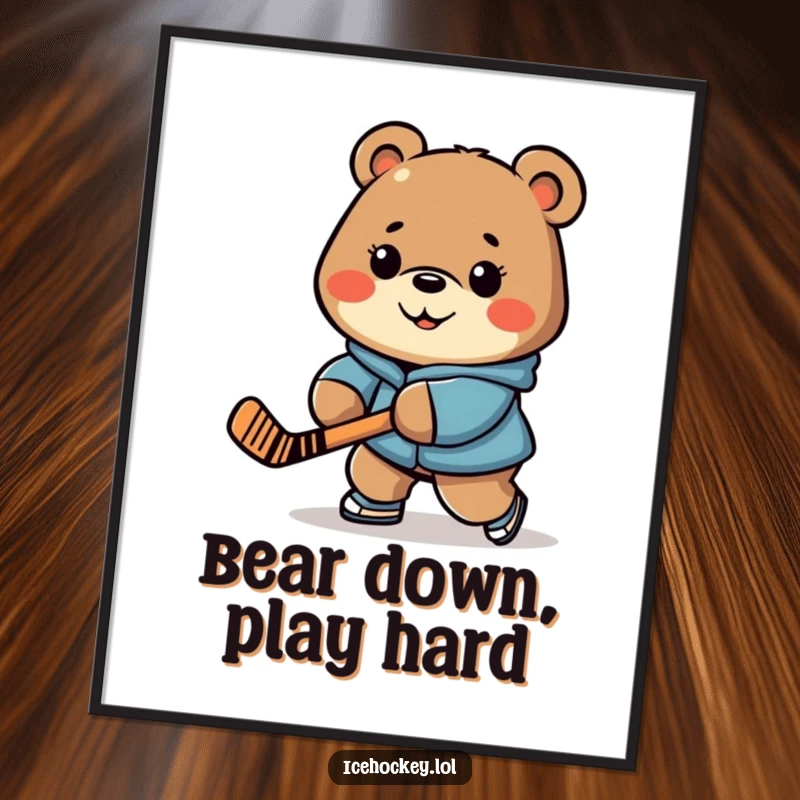 Funny free printable wall art: A cheerful bear with a determined expression intensely stick-handles a hockey puck, ready for action.
