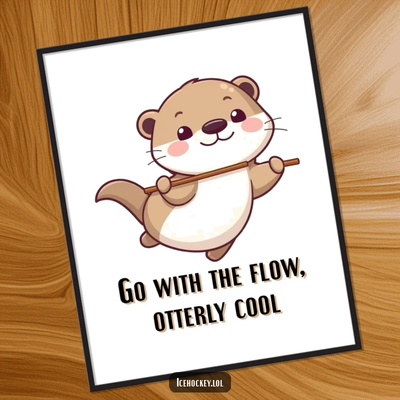 Funny Free Printable Wall Art: Playful otter smoothly gliding on ice, stick in tow, with a wide, happy grin.