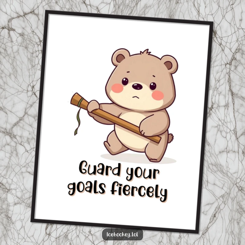 Funny Free Printable Wall Art: A proud bear acting as a goalie, stick ready, guarding the net.
