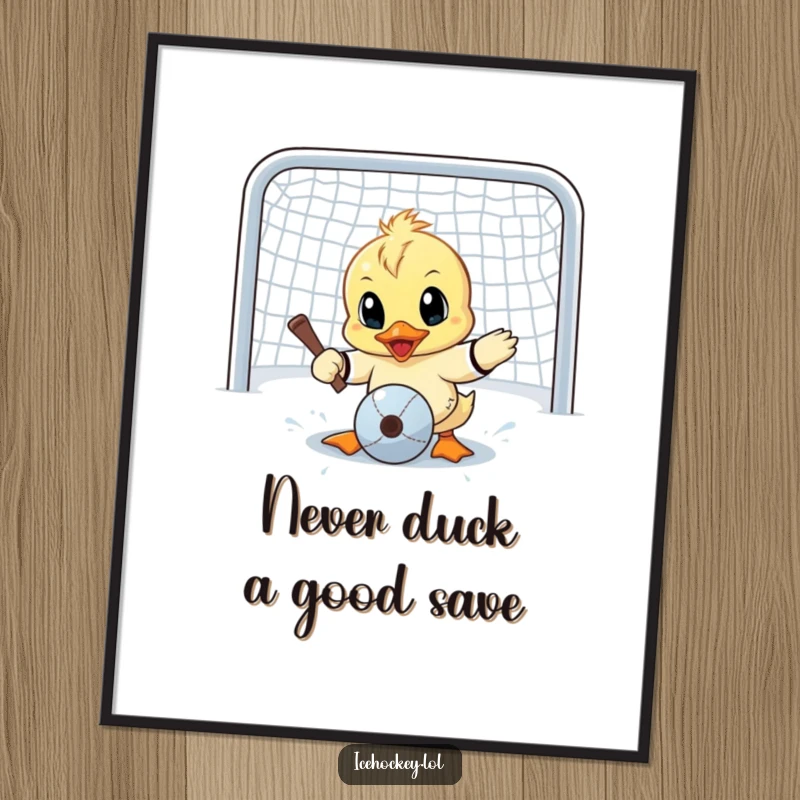 Funny Free Printable Wall Art: A wide-eyed duck bravely stands guard in goalie gear, ready to make a save.