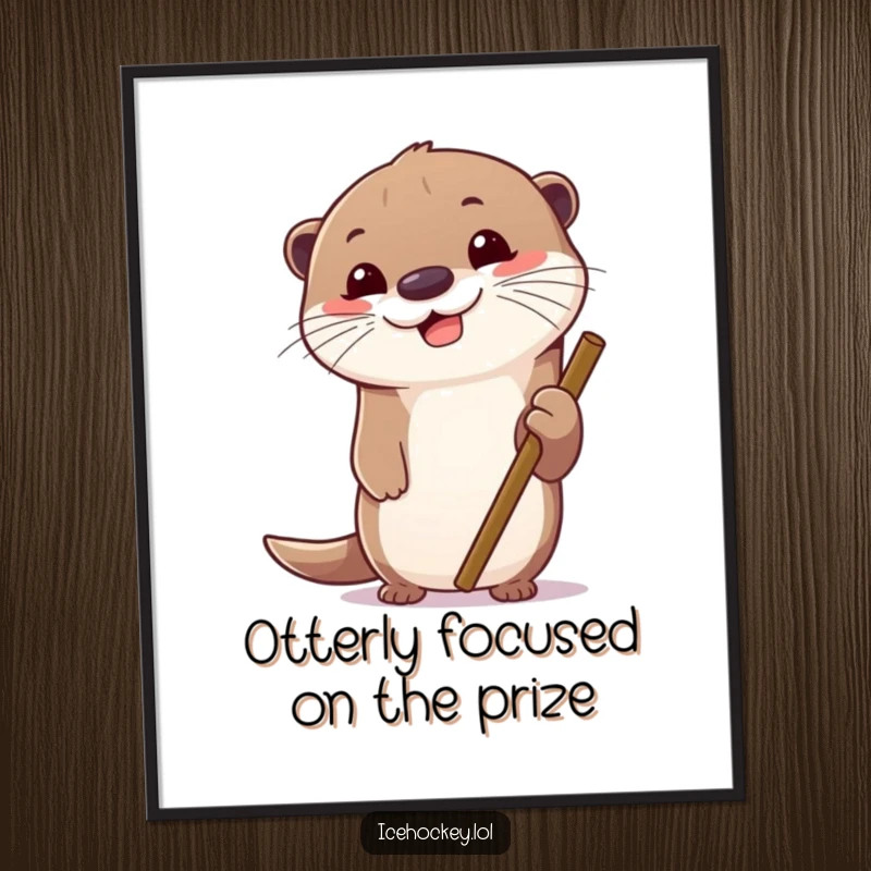 Funny Free Printable Wall Art: Cheerful otter grips hockey stick tightly, intense focus, ready for the game, downloadable sporty decor