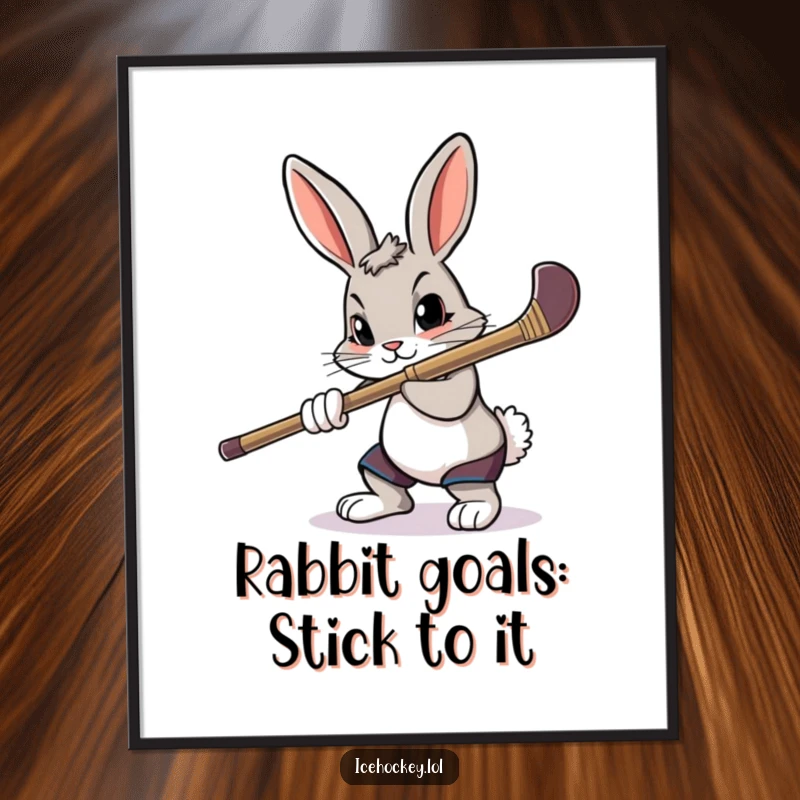Funny free printable wall art: A determined rabbit intensely aims a hockey stick, its focus unwavering on the goal.