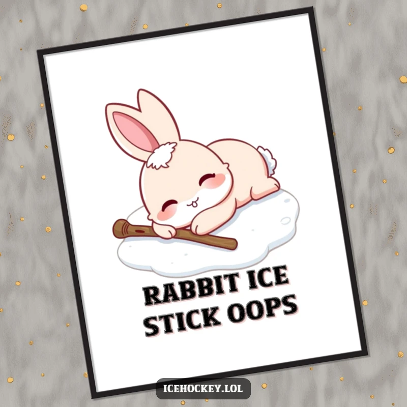 Funny Free Printable Wall Art: Smiling rabbit sprawled on ice after falling, hockey stick fallen, downloadable cute decor