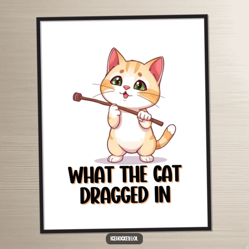 Funny Free Printable Wall Art: A curious cat hilariously attempts a fancy stick trick, bringing humor to your decor.
