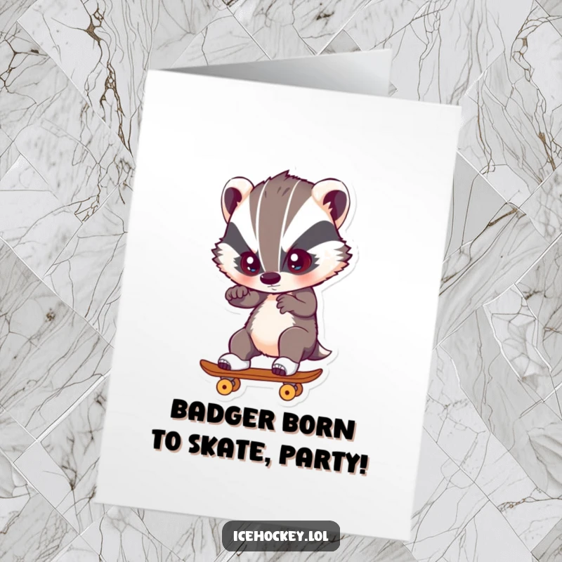 Funny Free Printable Birthday Card: A brave badger skates with extreme focus, ready to deliver birthday cheer.