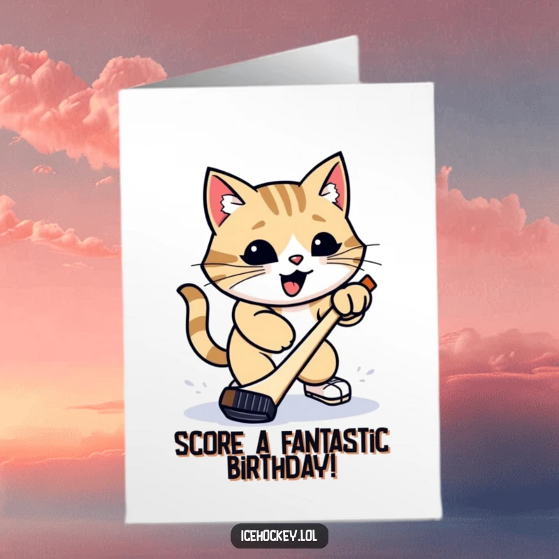 Funny Free Printable Birthday Card of a proud cat in a hockey stance, ready to slap shot a puck.