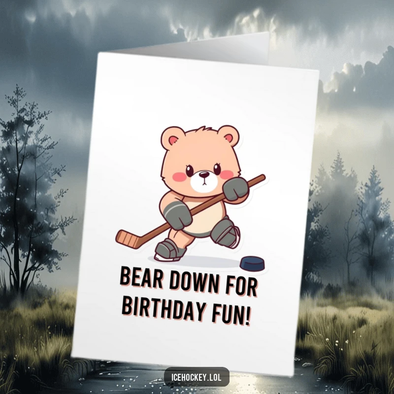 Funny Free Printable Birthday Card: A determined bear charges forward with a hockey stick and puck, ready to play.