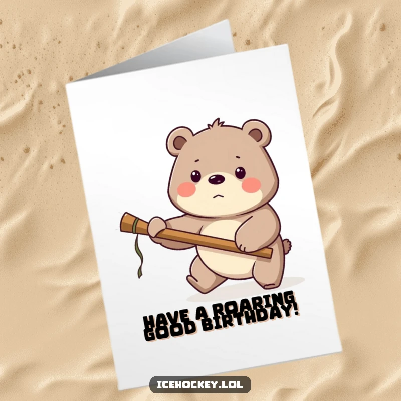 Funny Free Printable Birthday Card: A proud bear fiercely guarding a net with a large hockey stick.