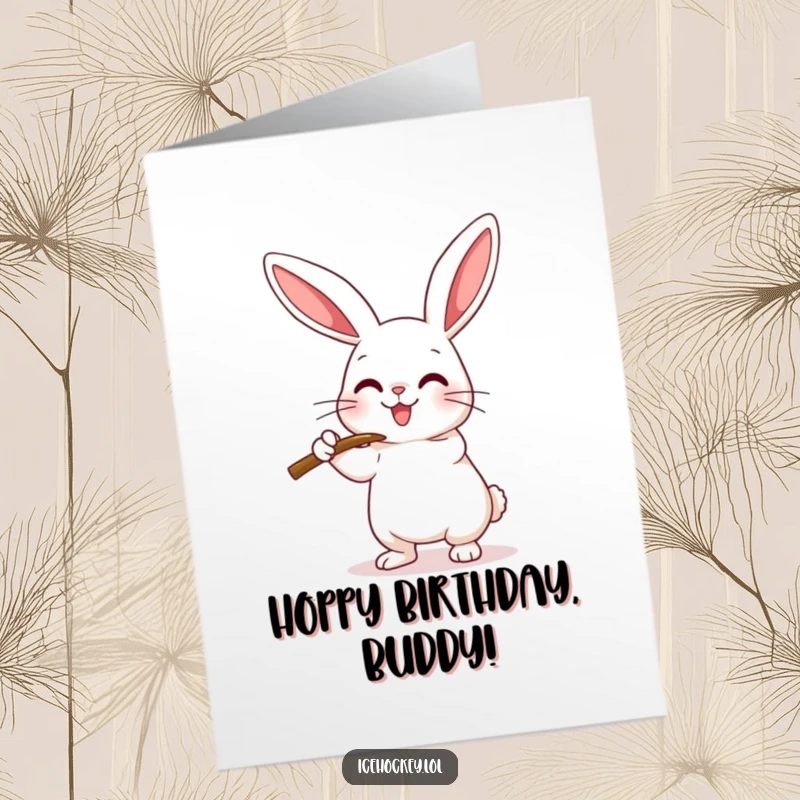 Funny Free Printable Birthday Card: Happy rabbit in a hockey stance, stick ready to check an imaginary opponent.