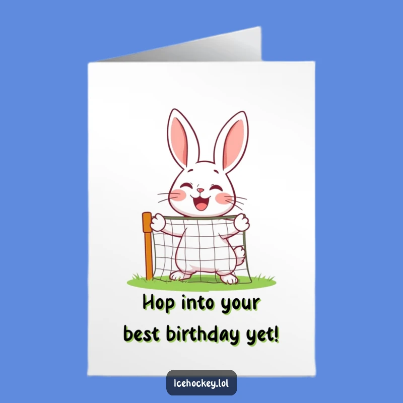 Free Printable Birthday Card: Joyful Rabbit Goalie Defending Fun Downloadable Gift