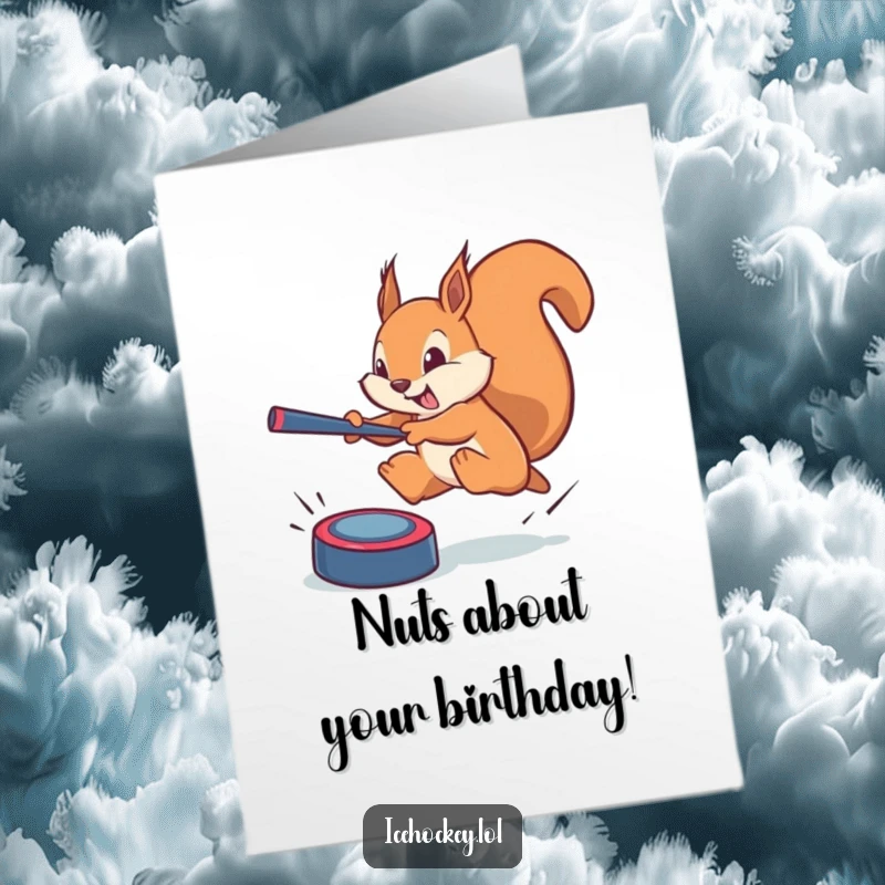 Funny Free Printable Birthday Card: A brave squirrel leaps mid-air, blocking a phantom puck with determination, perfect for a sports fan.