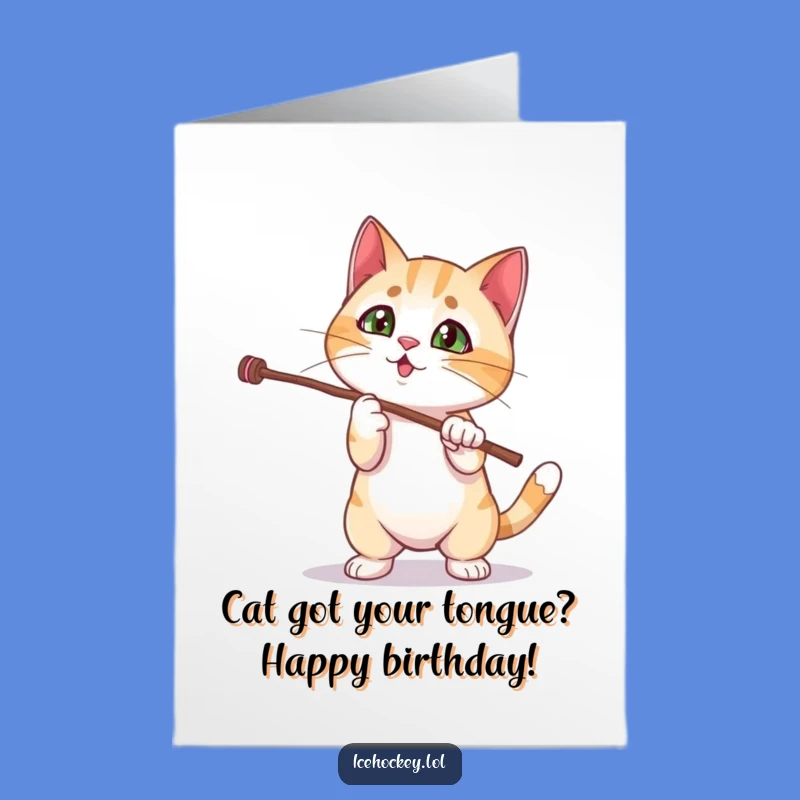 Free Printable Funny Cat Birthday Card: Curious Kitty Stick Trick Downloadable Greeting