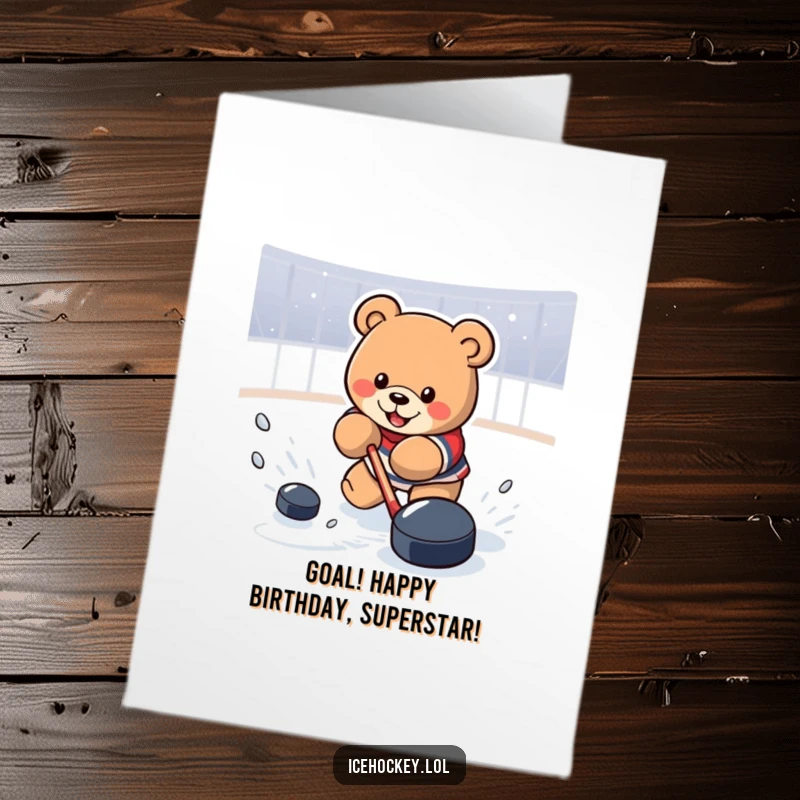 Funny Free Printable Birthday Card: Determined bear in a hockey stance, powerfully shooting a puck towards the goal.