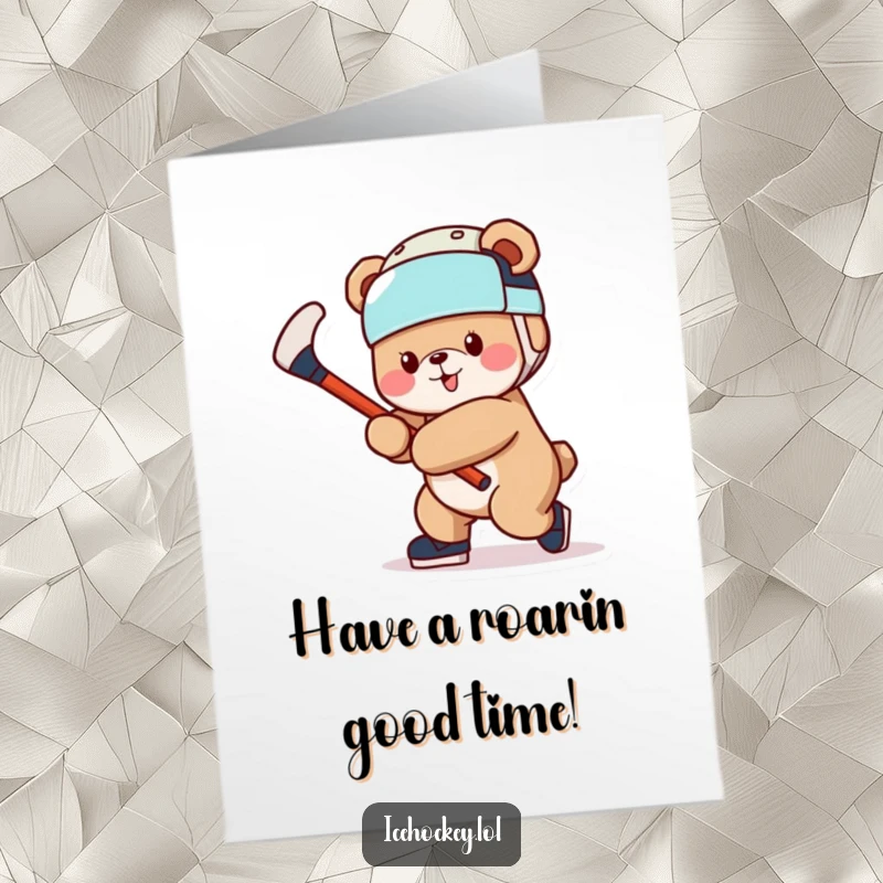Funny Free Printable Birthday Card: A cheerful bear in a helmet swinging a hockey stick, ready to party.