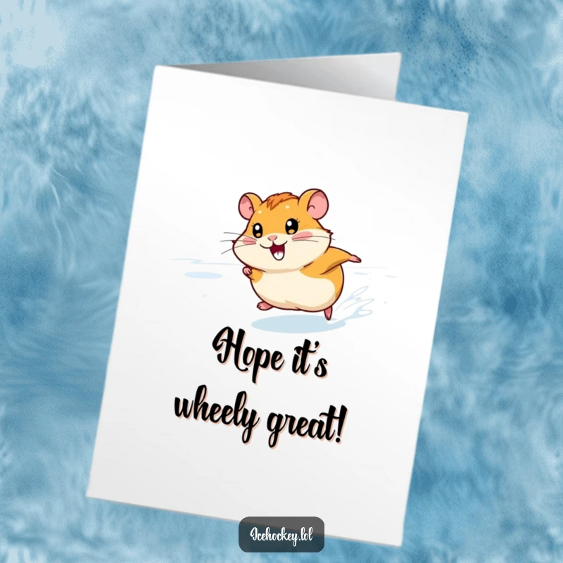 Funny Free Printable Birthday Card: A smiling hamster zooming across the ice at top speed.