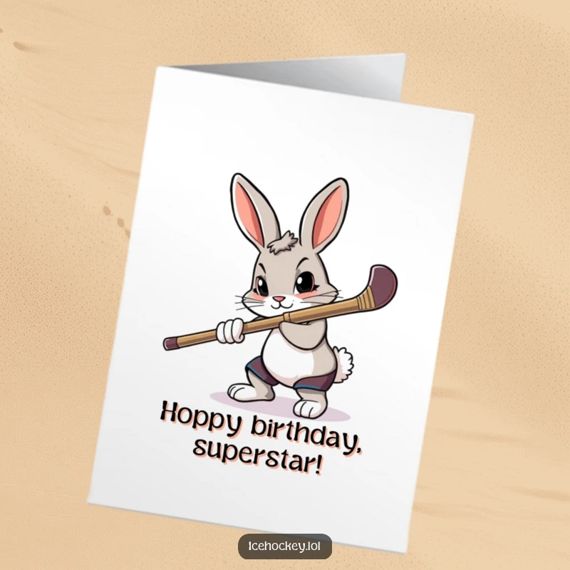 Funny free printable birthday card: A determined rabbit focuses intently while aiming a hockey stick, ready for birthday fun.