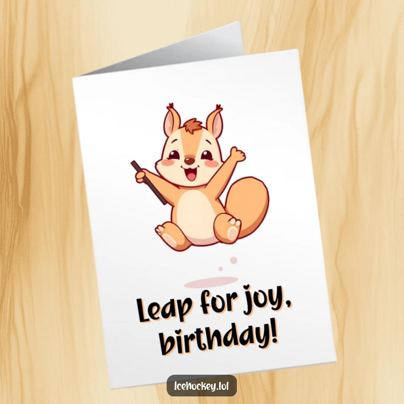 Funny Free Printable Birthday Card: Cheerful squirrel mid-air, gleefully leaping with a stick, celebrating joyfully.