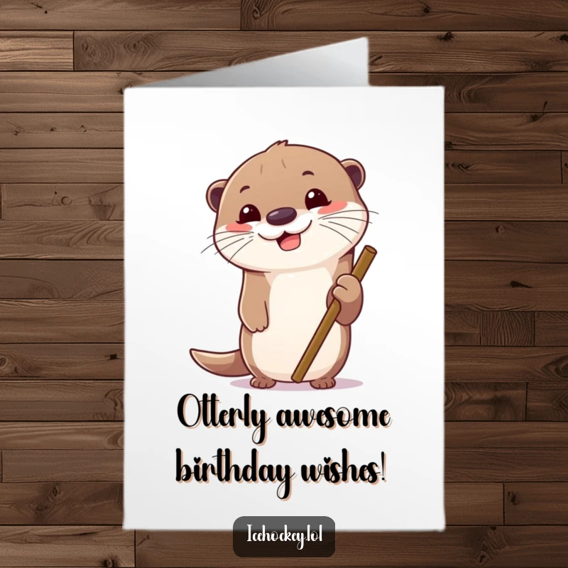 Funny Free Printable Birthday Card: Cheerful otter gripping hockey stick tightly, intense focus, ready to play, a cool DIY gift