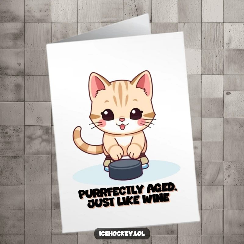 Funny Free Printable Birthday Card: Alert happy kitten goalie stopping a puck with skates, ready to celebrate.