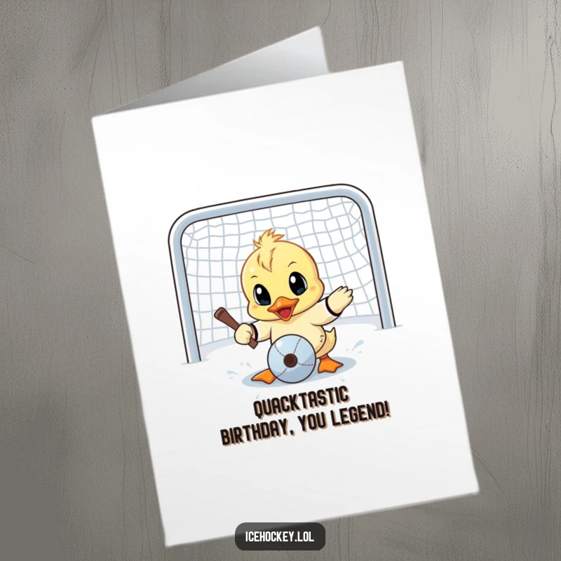 Funny Free Printable Birthday Card: A wide-eyed little duck in goalie gear attempts a dramatic save.