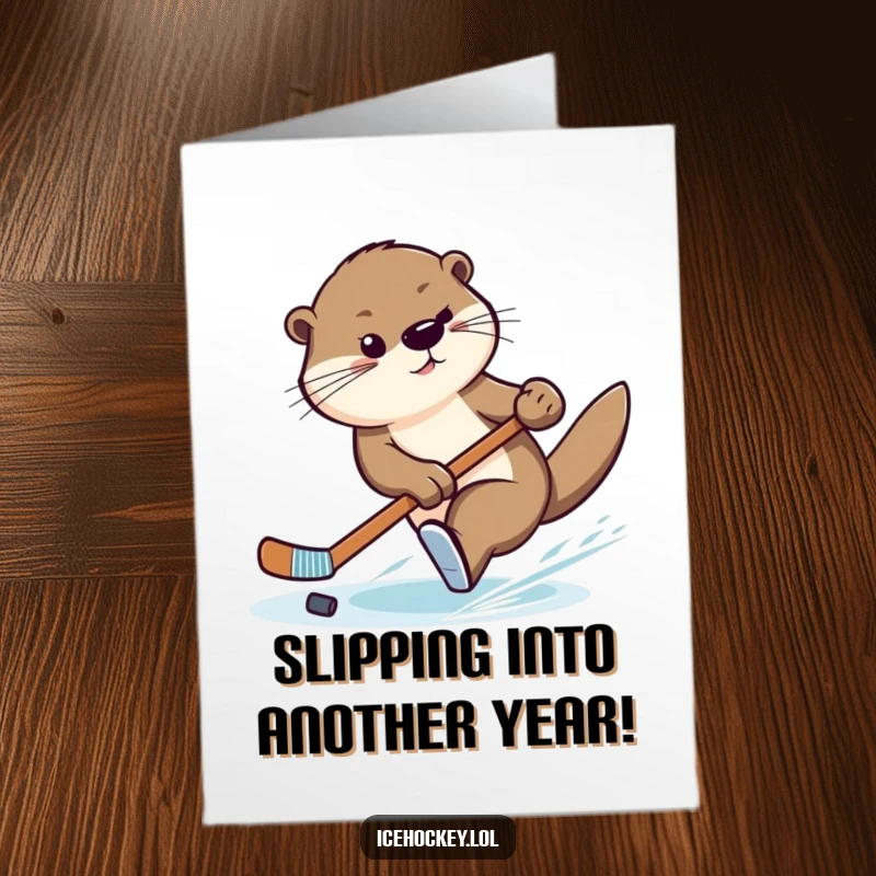 Funny free printable birthday card: a graceful otter swiftly turning with a hockey stick, ready to score a birthday wish.