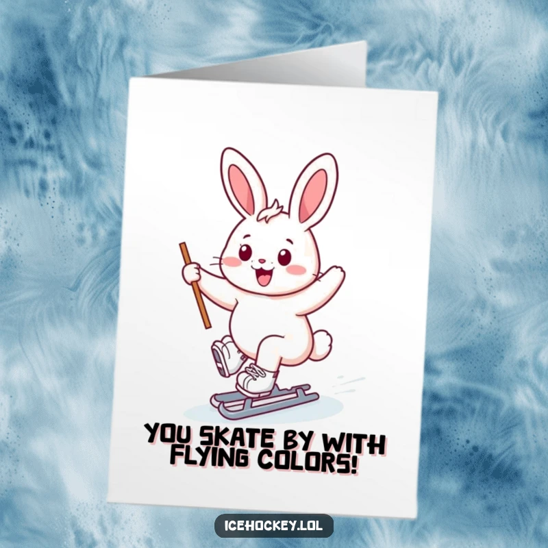 Funny Free Printable Congratulations Card: Cheerful bunny skater, stick held high, celebrating success.