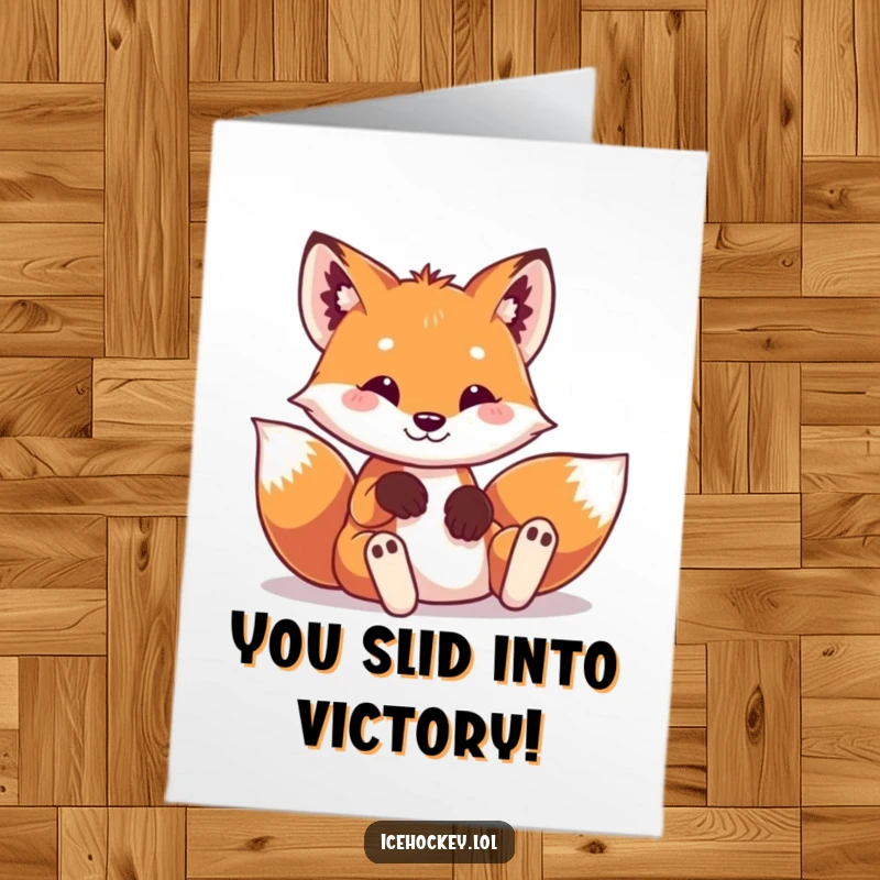 Funny free printable congratulations card: A playful fox in miniature pads slides headfirst into a humorous pose, celebrating victory.