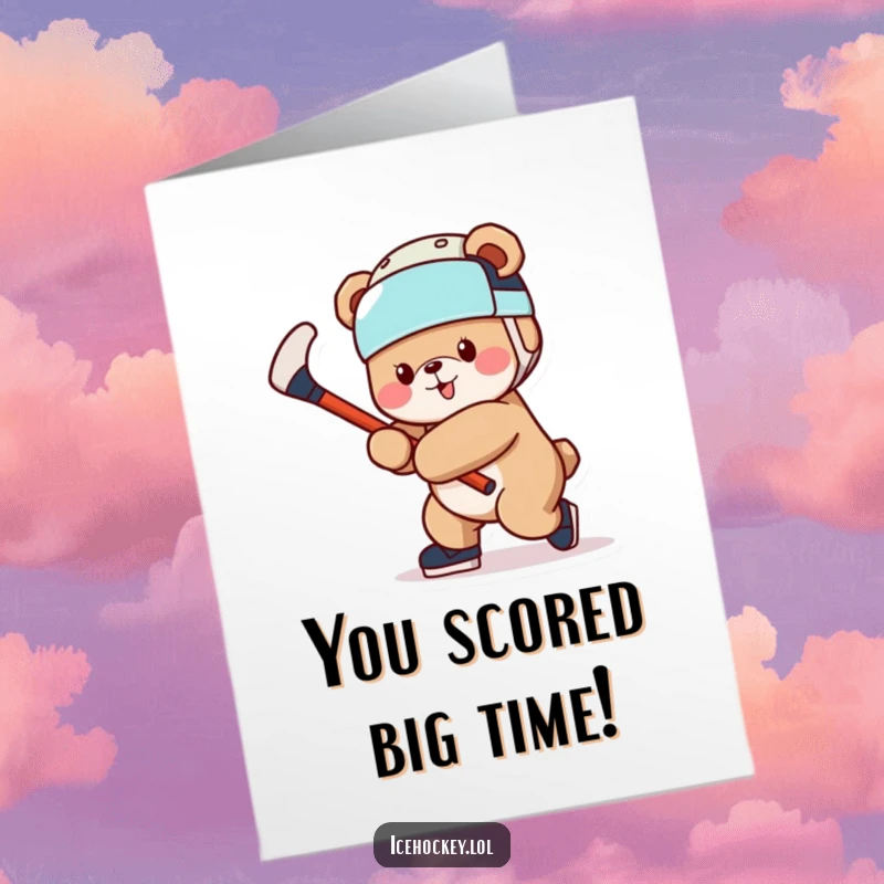 Funny Free Printable Congratulations Card: A cheerful bear in a helmet swinging a hockey stick, celebrating victory.