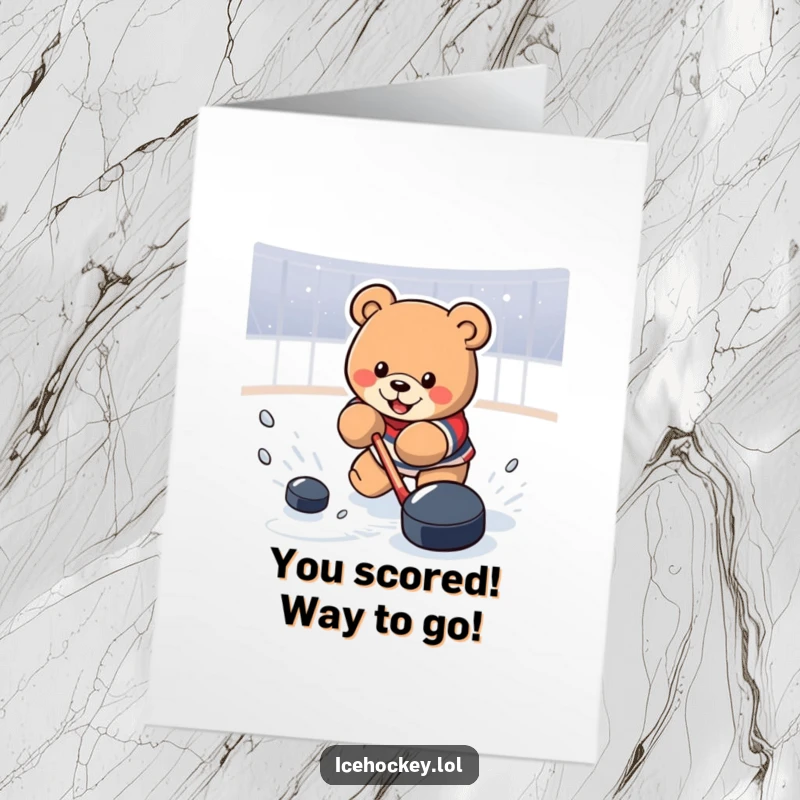 Funny Free Printable Congratulations Card: Determined bear powerfully shooting a hockey puck, celebrating a major achievement.