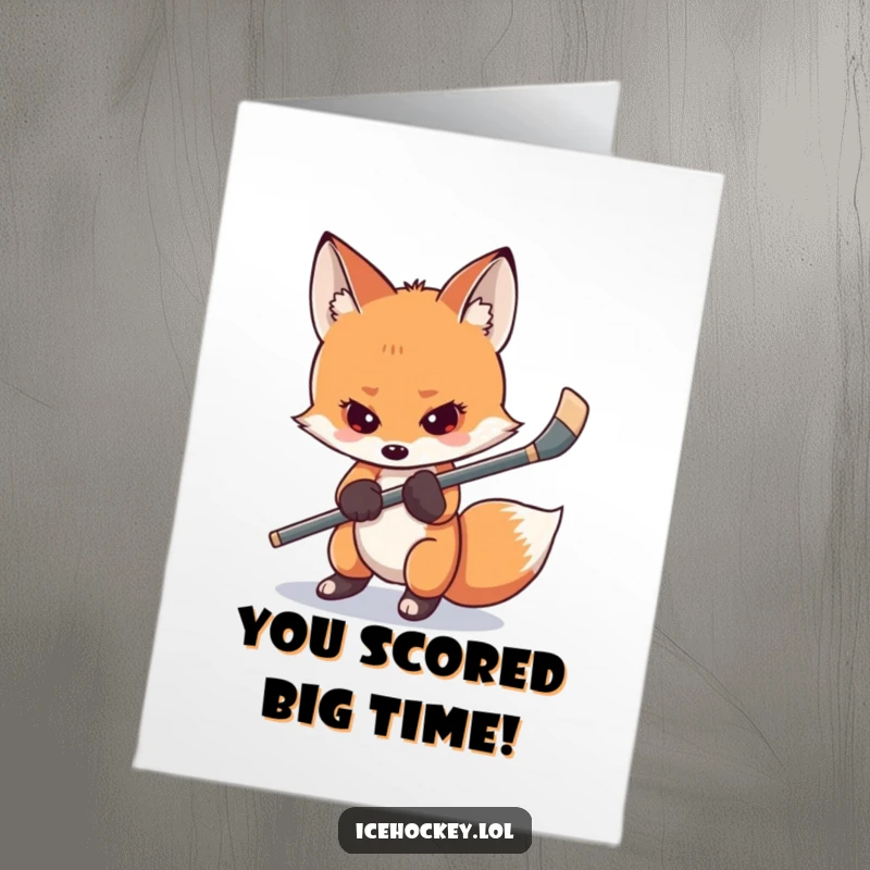 Funny Free Printable Congrats Card: A shy fox holding a hockey stick hesitantly, a funny way to say congrats.