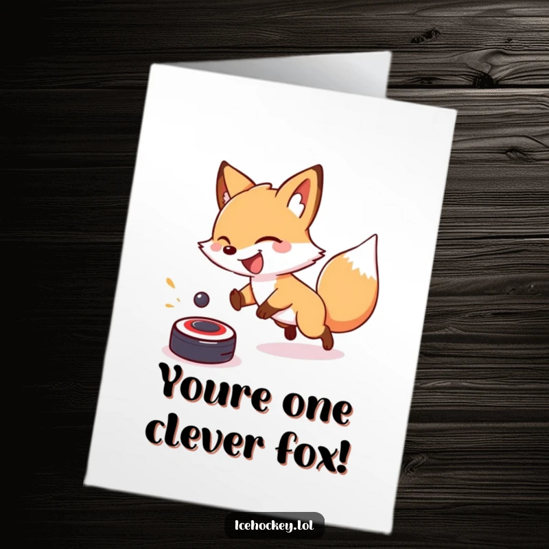 Funny Free Printable Congrats Card: A gleeful fox chases a hockey puck with excitement, perfectly capturing the thrill of victory.