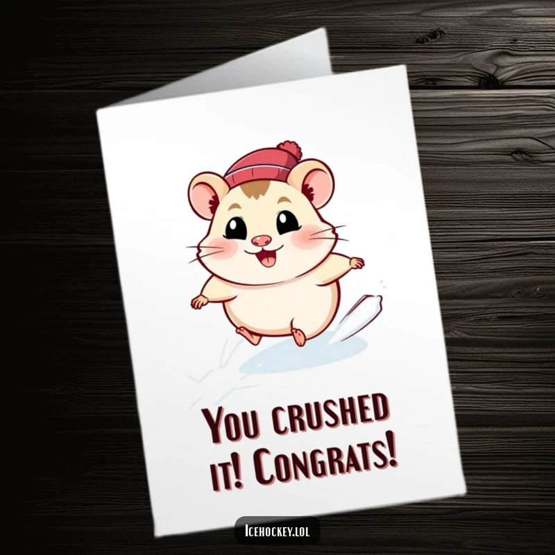 Funny Free Printable Congratulations Card: A smiling hamster triumphs in an ice race, celebrating their fast victory.